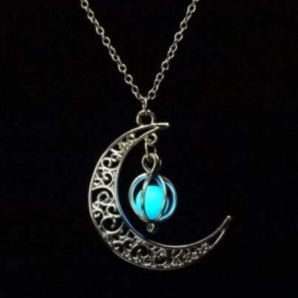 Crescent Moon with Luminous Caged Light Blue Glowing Orb Pendant Silver Chain